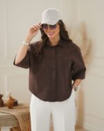 شومیز زنانه جنس لیوسل ، شومیز جلو بسته آستین پاکتی ، شومیز زنانه